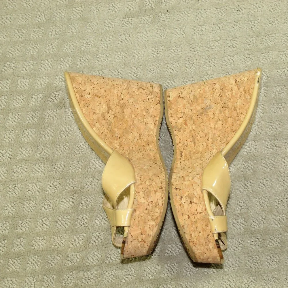 Jimmy Choo Women's 8.5 / 40 Platform Patent Leather Yellow Cork Wedge Heels